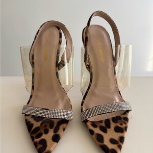 Fashion Nova Leopard Clear Heels w/ Rhinestone Strap – Like New